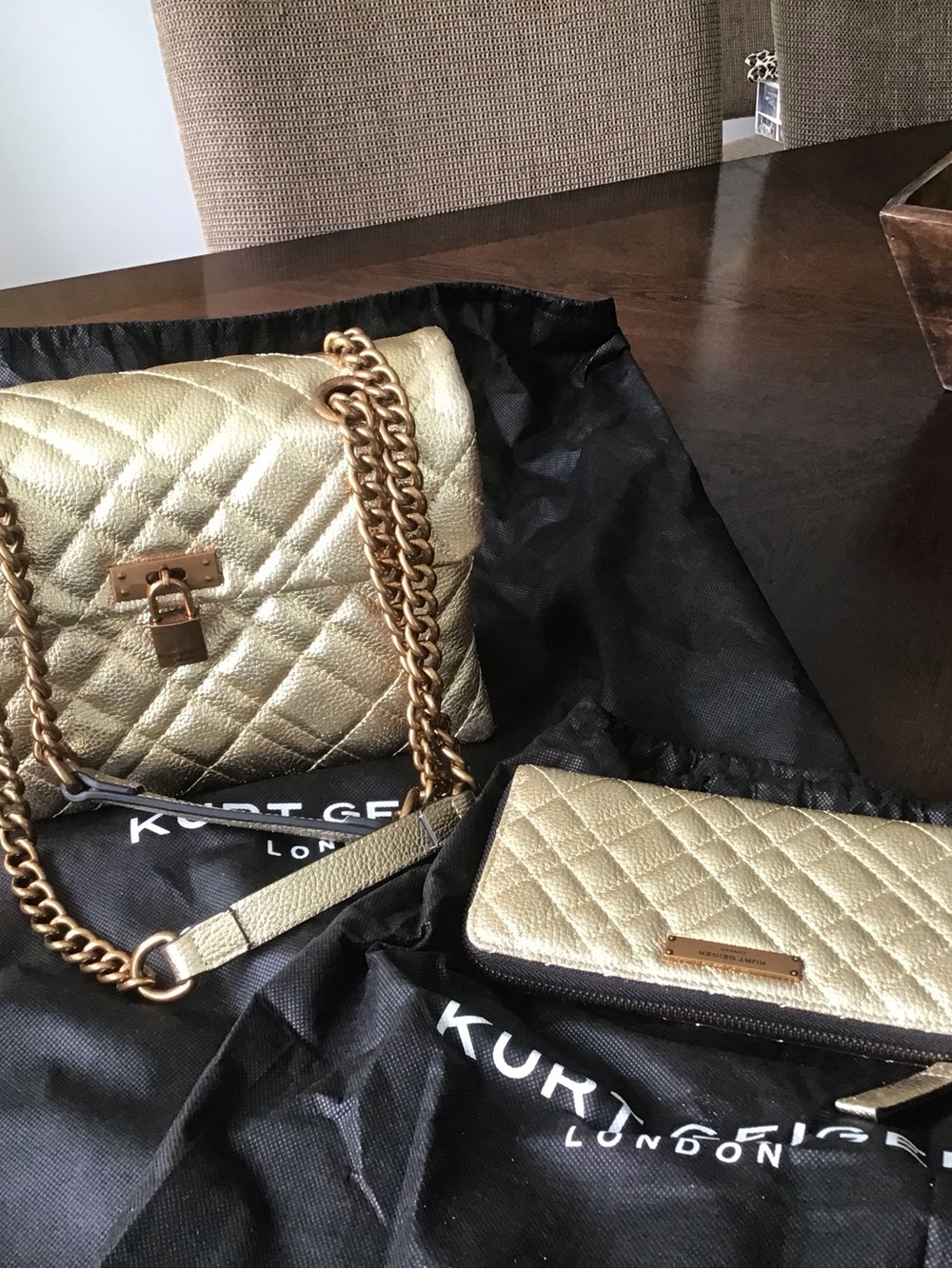 Kurt Geiger Metallic Gold Quilted Chain Shoulder Bag with Matching Wallet